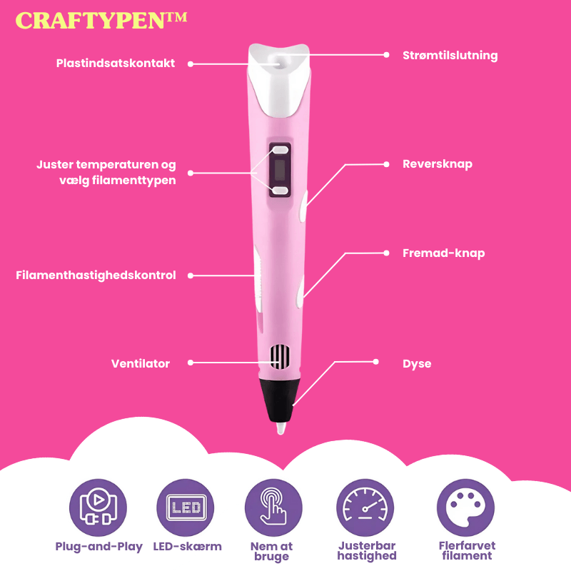 CraftyPen™ - 3D Penn Startpakke - 100M Filament - 10 Farver